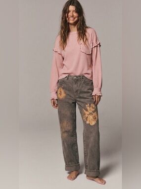 Handcrafted OOAK Artisan Bill Blass Custom Bleach Flower Jeans Army Green Size 8